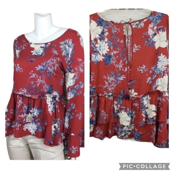 Boho Red Floral Gypsy Blouse Top Med Altered State - Picture 10 of 11